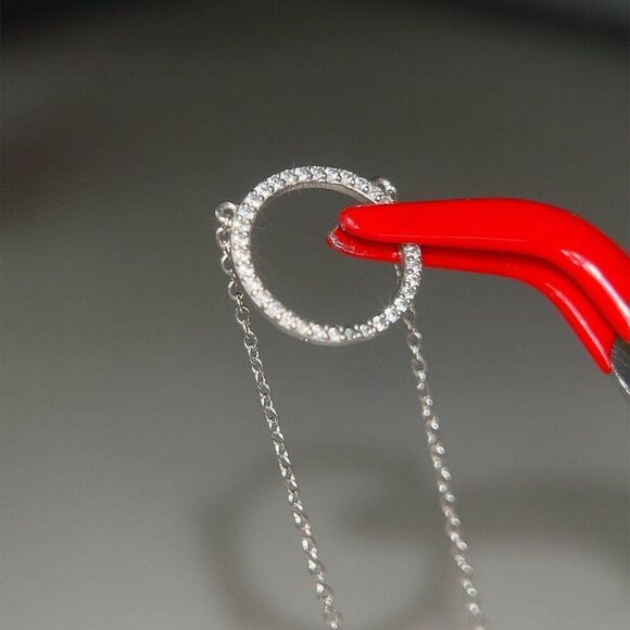 925 Silver Pave Cz Circle Necklace - Picture 3 of 7